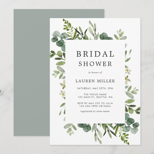 Invitación Eucalyptus Green Foliage Bridal Shower (Anverso / Reverso)