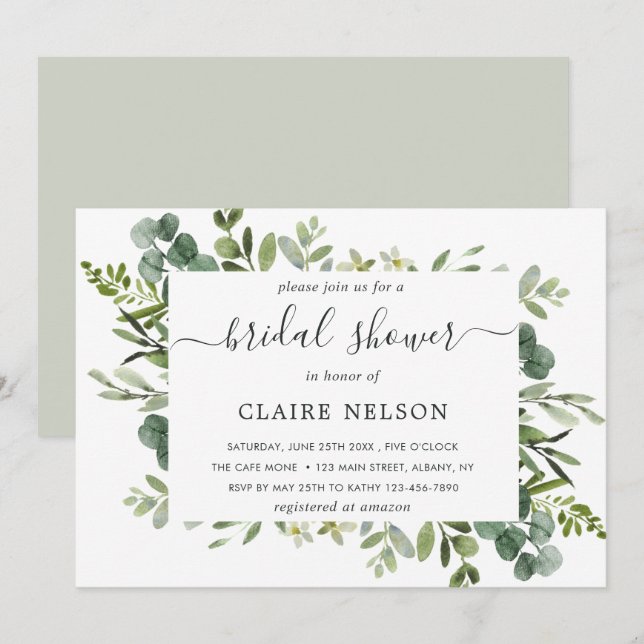 Invitación Eucalyptus Green Foliage Bridal Shower (Anverso / Reverso)