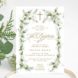Invitación Eucalyptus Green Frame Cross Baptism