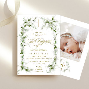 Invitación Eucalyptus Green Frame Cross Baptism Photo