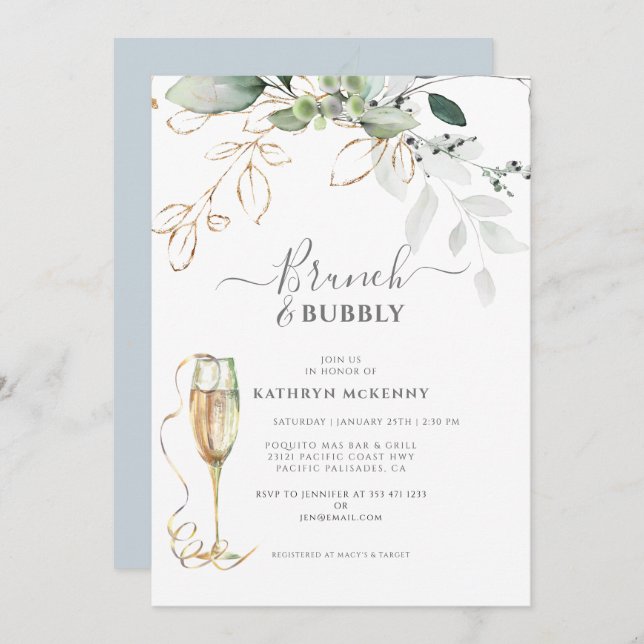 Invitación Eucalyptus Green Gold Dusty Blue Bridal Shower (Anverso / Reverso)