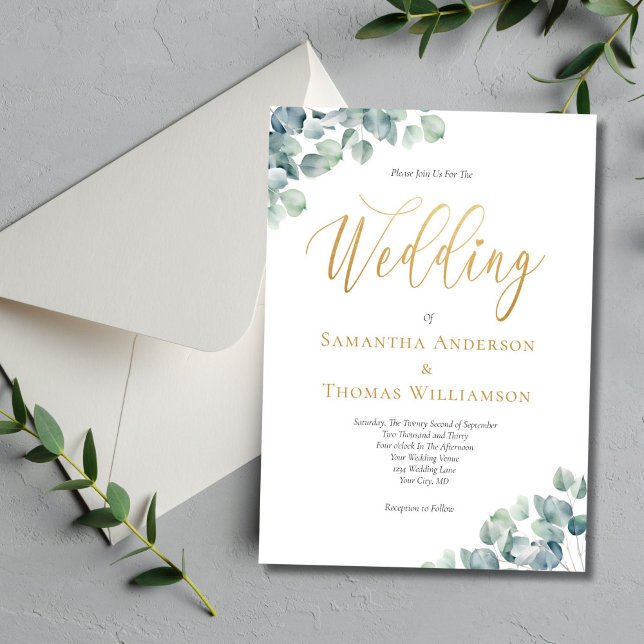 Invitación Eucalyptus Green Gold Script Elegante Boda (Eucalyptus Greenery Gold Script Formal Elegant Wedding invitation)