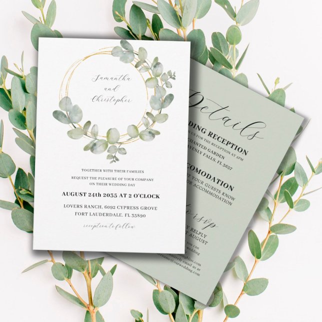 Invitación Eucalyptus Green & Gold Wreath Todo En Un Boda (Subido por el creador)