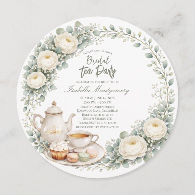 Invitación Eucalyptus Green Palette Tea Party Bridal Shower (Anverso)