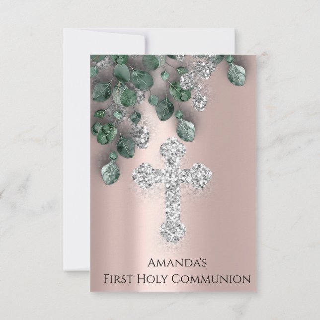 Invitación Eucalyptus Green Silver First Holy Communia (Reverso)