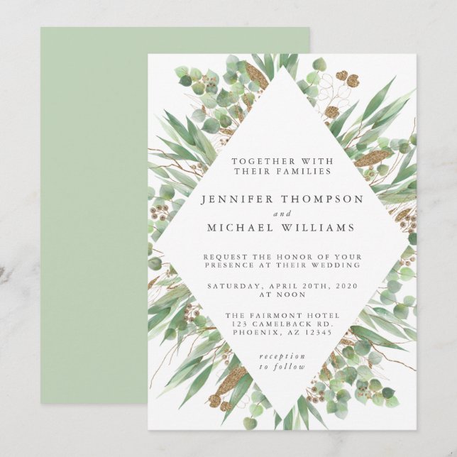 Invitación Eucalyptus Green Watercolor & Gold Boda (Anverso / Reverso)