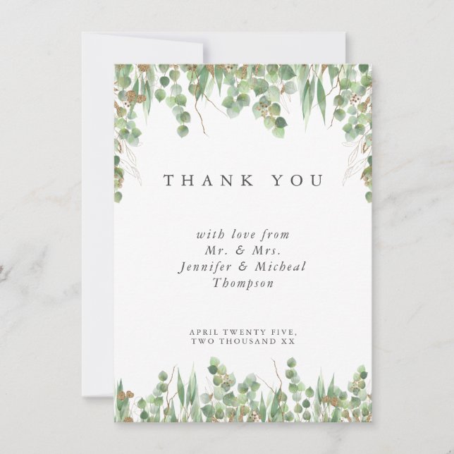 Invitación Eucalyptus Green Watercolor & Gold Wedding  (Anverso)