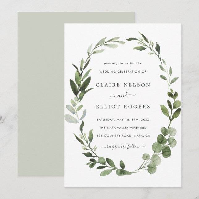 Invitación Eucalyptus Green Wreath Boda (Anverso / Reverso)