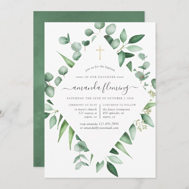 Invitación Eucalyptus Greeneration Baptism o Christening (Anverso / Reverso)