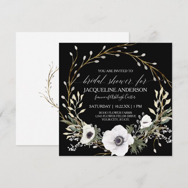 Invitación Eucalyptus Greenerenery Bridal Tea Negra Blanca An (Anverso / Reverso)