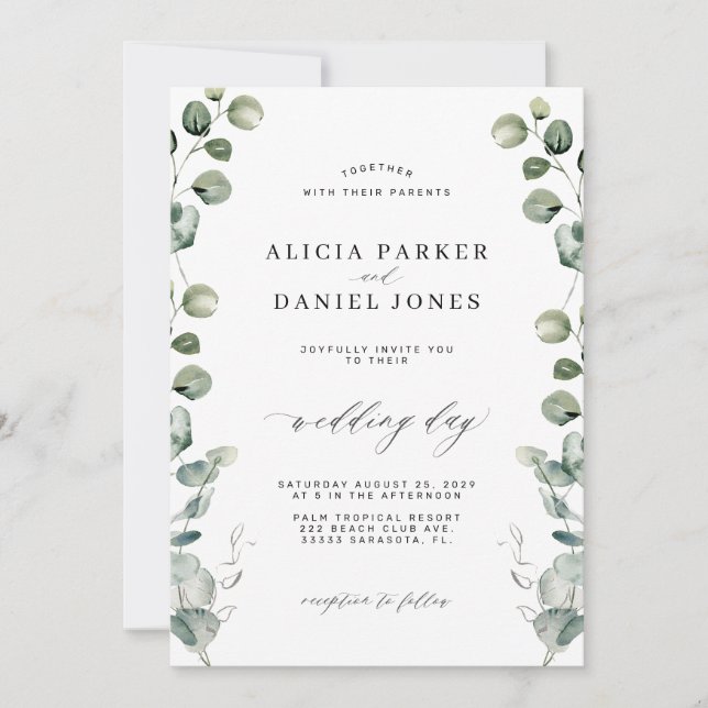 Invitación Eucalyptus greenerenery elegante boda de guiones (Anverso)