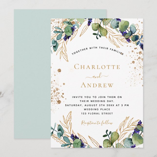 Invitación Eucalyptus greenerenery elegante boda purpurina (Anverso / Reverso)