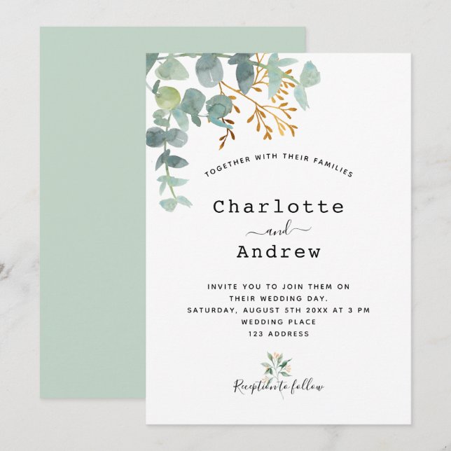 Invitación Eucalyptus greenerenery oro elegante boda de guion (Anverso / Reverso)