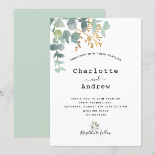 Invitación Eucalyptus greenerenery oro elegante boda de guion