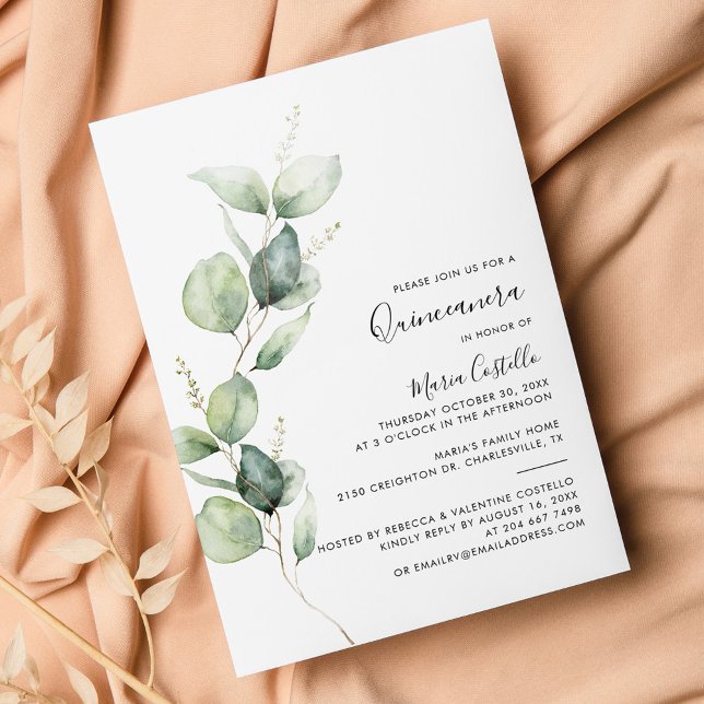 Invitación Eucalyptus Greenery 15º cumpleaños Quinceanera (15th Birthday Party Quinceanera Eucalyptus Invitation)