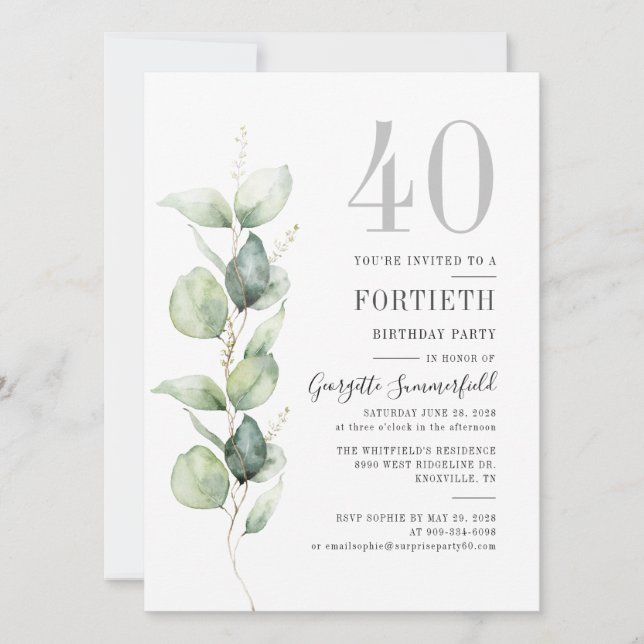 Invitación Eucalyptus Greenery 40.º Fiesta de cumpleaños (Anverso)