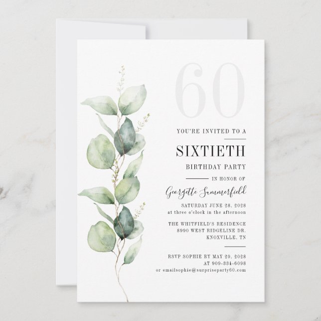 Invitación Eucalyptus Greenery 60th Birthday Party (Anverso)