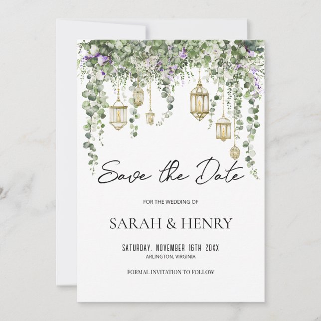 Invitación Eucalyptus Greenery and Gold Lantern Wedding (Anverso)