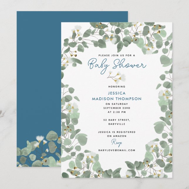 Invitación Eucalyptus Greenery Baby Boy Baby Shower Azul (Anverso / Reverso)