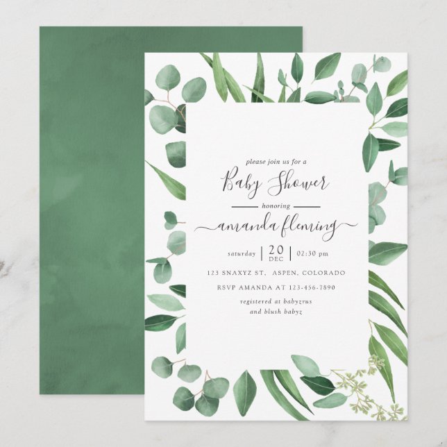 Invitación Eucalyptus Greenery Baby Shower (Anverso / Reverso)