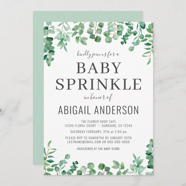 Invitación Eucalyptus Greenery Baby Sprinkle Moderno (Anverso / Reverso)