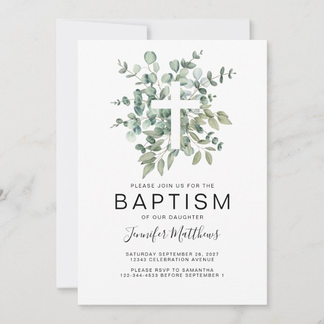 Invitación Eucalyptus Greenery Baptism (Anverso)