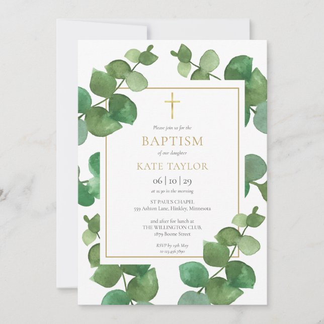 Invitación Eucalyptus Greenery Baptism Christening (Anverso)