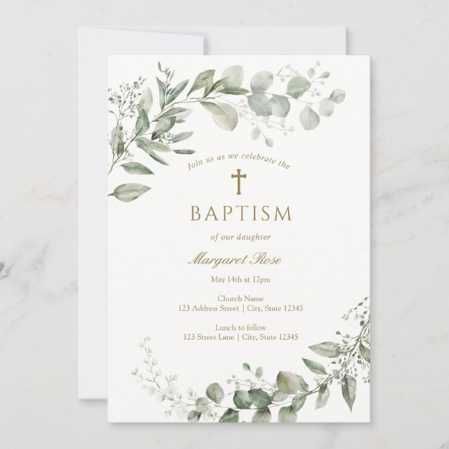 Invitación Eucalyptus Greenery Baptism Religious (Anverso)