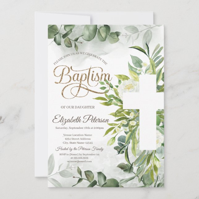 Invitación Eucalyptus Greenery Baptismo Floral (Anverso)