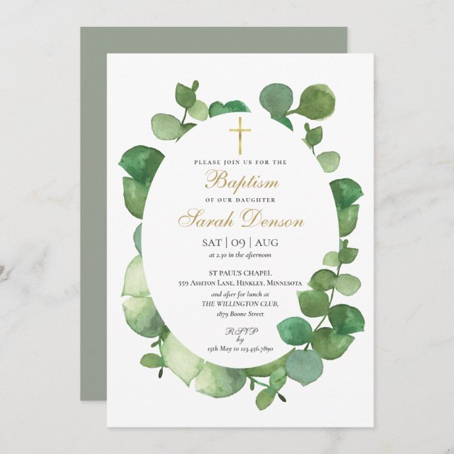 Invitación Eucalyptus Greenery Baptismo Floral Christening (Anverso / Reverso)