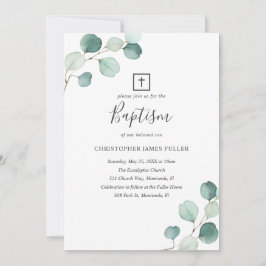 Invitación Eucalyptus Greenery Baptismo Religioso Elegante