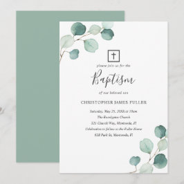Invitación Eucalyptus Greenery Baptismo Religioso Elegante