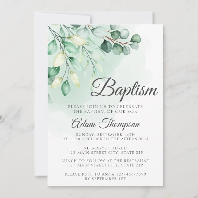 Invitación Eucalyptus Greenery Baptismo Simple (Anverso)