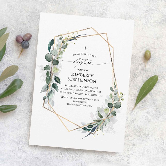 Invitación Eucalyptus Greenery Bautismo Geométrico Moderno (Eucalyptus Greenery Baptism Invitations)