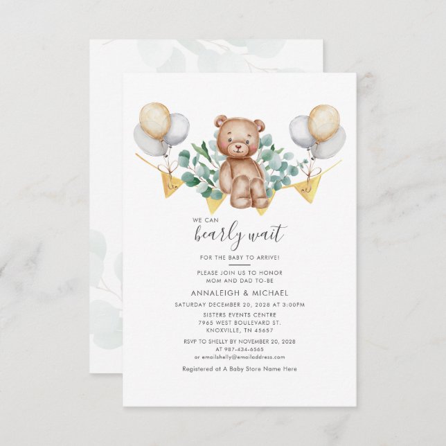 Invitación Eucalyptus Greenery Bear Couples Baby Shower (Anverso / Reverso)