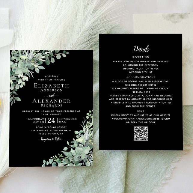 Invitación Eucalyptus Greenery Black All In One Boda (Subido por el creador)