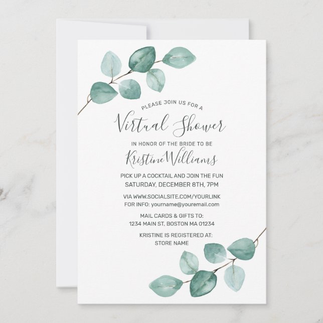 Invitación Eucalyptus Greenery Black Virtual Bridal Shower (Anverso)