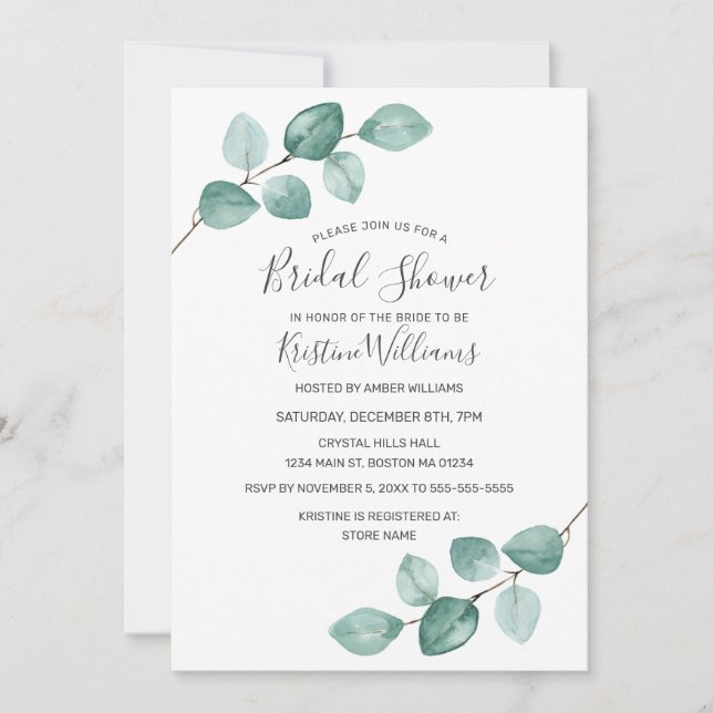 Invitación Eucalyptus Greenery Black Virtual Bridal Shower In (Anverso)