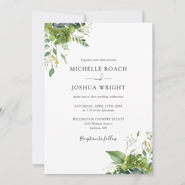 Invitación Eucalyptus Greenery Boda de código QR moderno (Anverso)