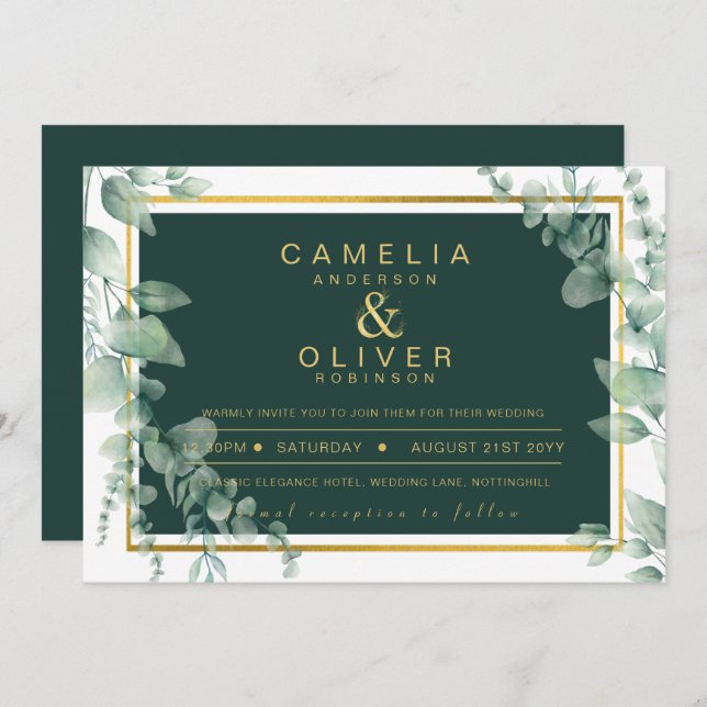 Invitación Eucalyptus Greenery Boda Esmeralda de oro CÓDIGO Q (Anverso / Reverso)