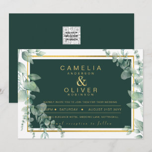 Invitación Eucalyptus Greenery Boda Esmeralda de oro CÓDIGO Q