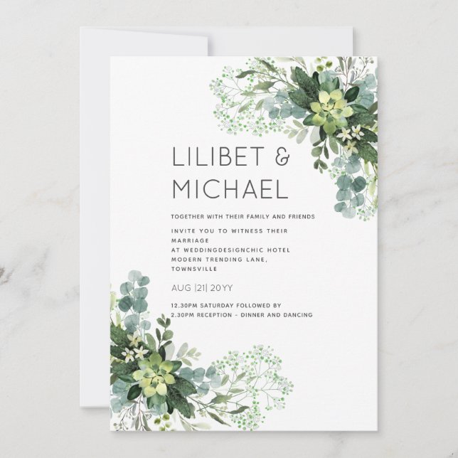Invitación Eucalyptus Greenery Boda Foliage Babys Breath (Anverso)