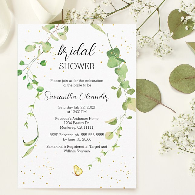 Invitación Eucalyptus Greenery Boho Bridal Shower (Eucalyptus Greenery Boho Bridal Shower Invitations with gold sparkle details.)