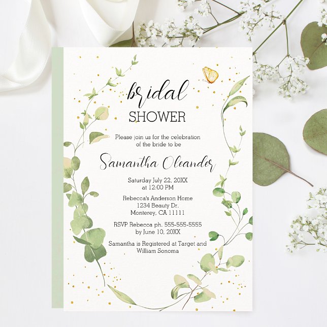Invitación Eucalyptus Greenery Boho Bridal Shower (Elegant Eucalyptus Greenery with Gold Sparkles and Butterfly Bridal Shower Invitations.)