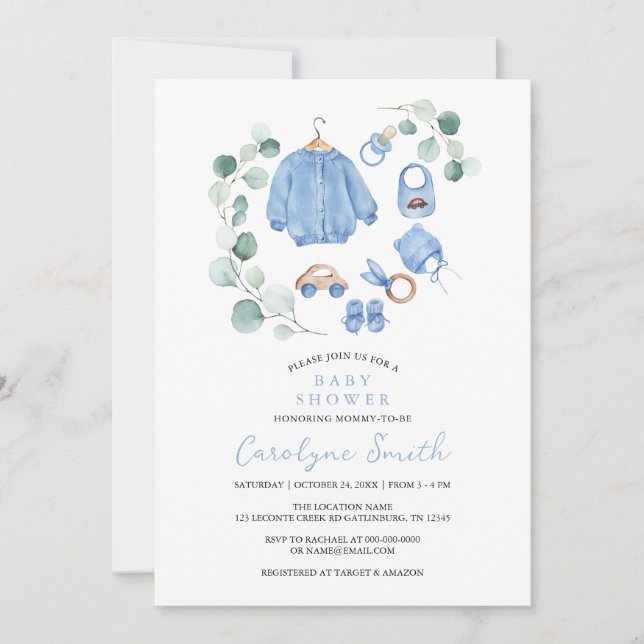 Invitación Eucalyptus Greenery Boho Clothes Boy Baby Shower (Anverso)