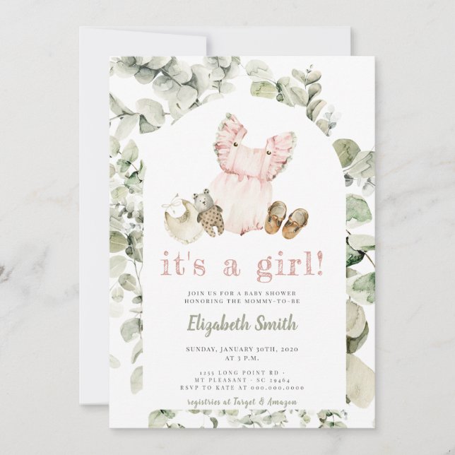 Invitación Eucalyptus Greenery Boho Es un Baby Shower Chica (Anverso)