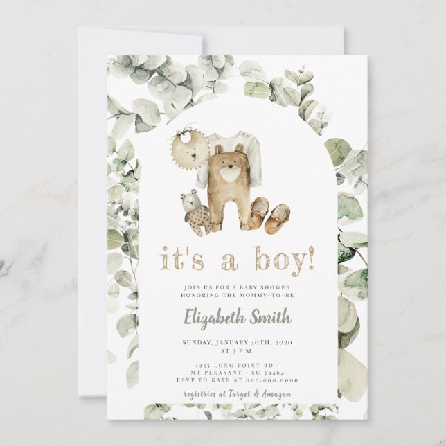 Invitación Eucalyptus Greenery Boho Es un niño Baby Shower (Anverso)