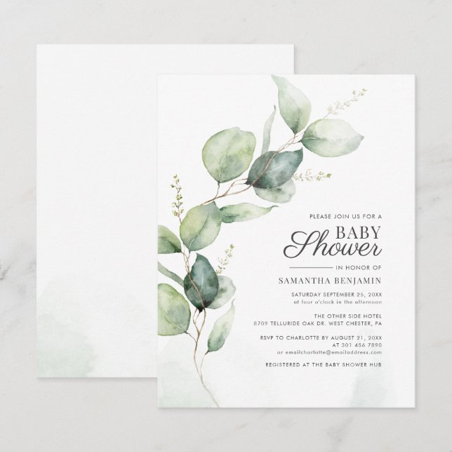 Invitación Eucalyptus Greenery Botanic Boy Baby Shower (Anverso / Reverso)