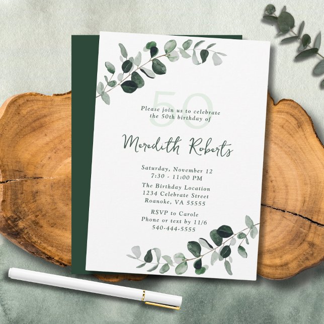 Invitación Eucalyptus Greenery Botánico 50 cumpleaños (Eucalyptus Botanical Greenery 50th Birthday Party Invitation)