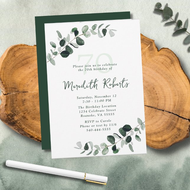 Invitación Eucalyptus Greenery Botánico 70º cumpleaños (Eucalyptus Botanical Greenery Nature-Inspired 70th Birthday Party Invitation)